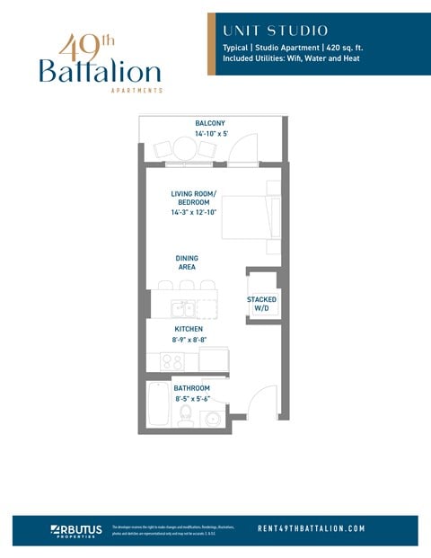 Floor plan for studio, 1 bath, 420 sqft